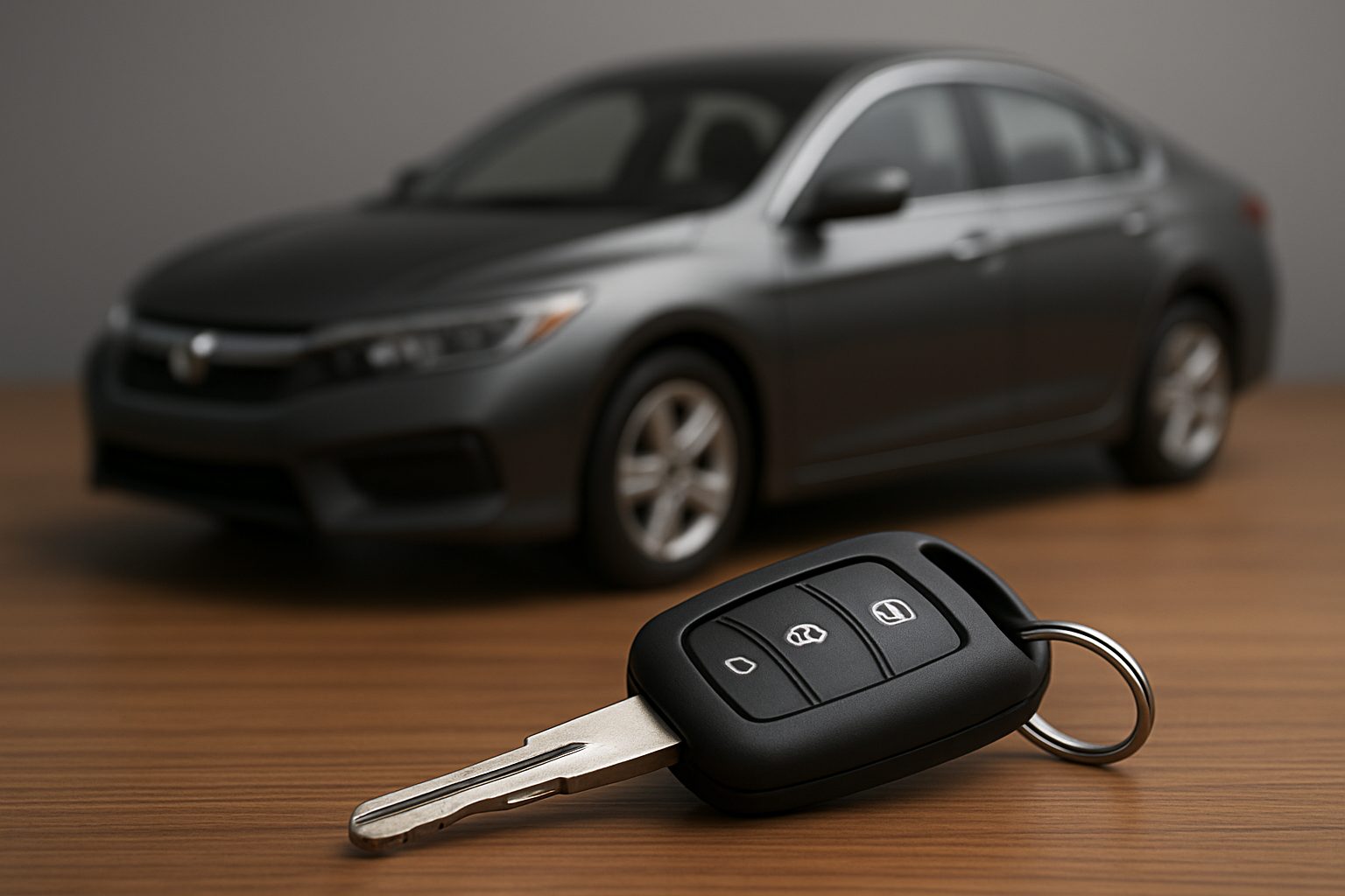Close-up of a car key with a modern car in the background